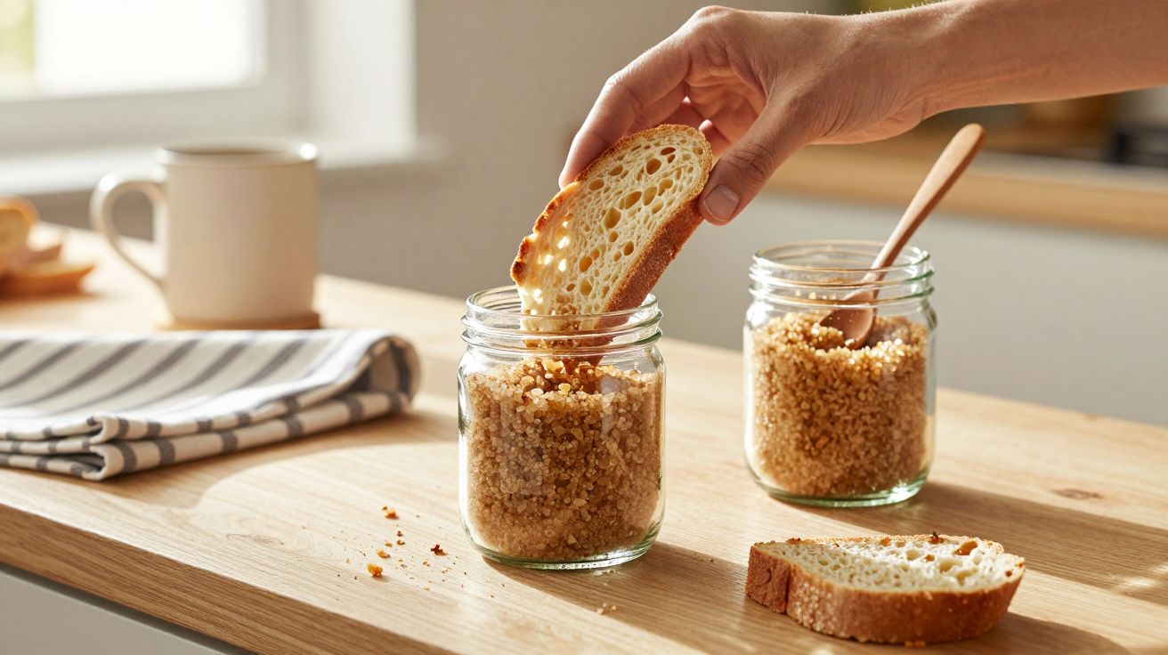 Mână introducând o felie de pâine într-un borcan cu orez sau cereale pe masă de lemn, alături de o cană albă.