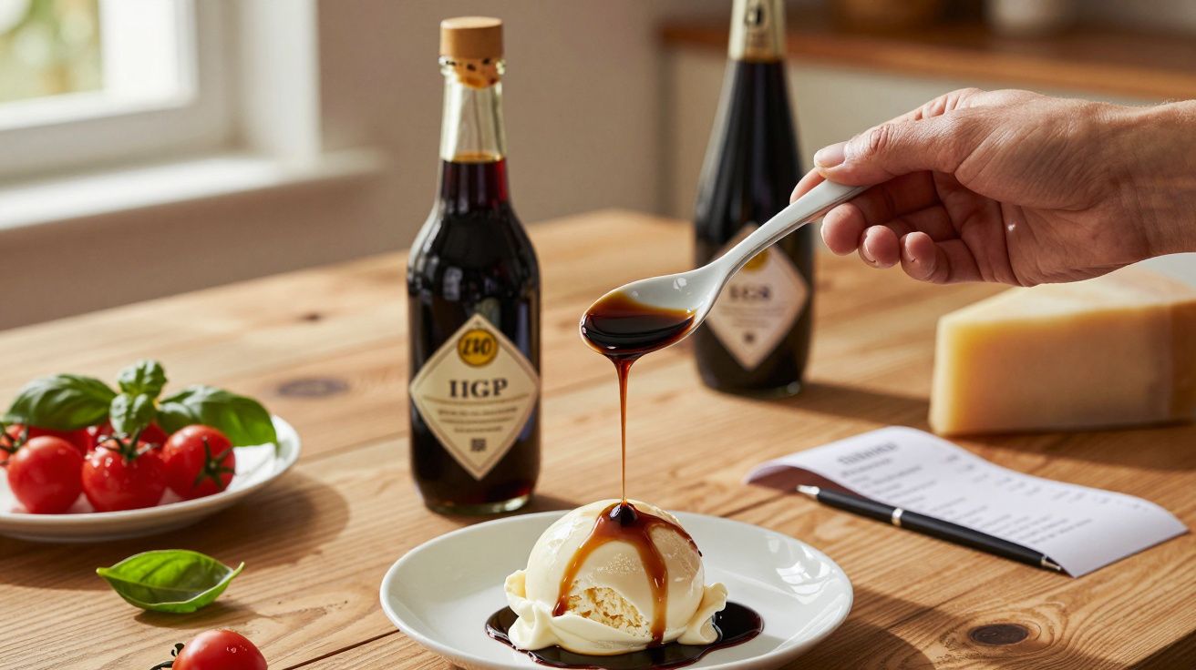 Mână turnând oțet balsamic peste înghețată pe o masă de lemn, lângă sticle de oțet și legume proaspete.