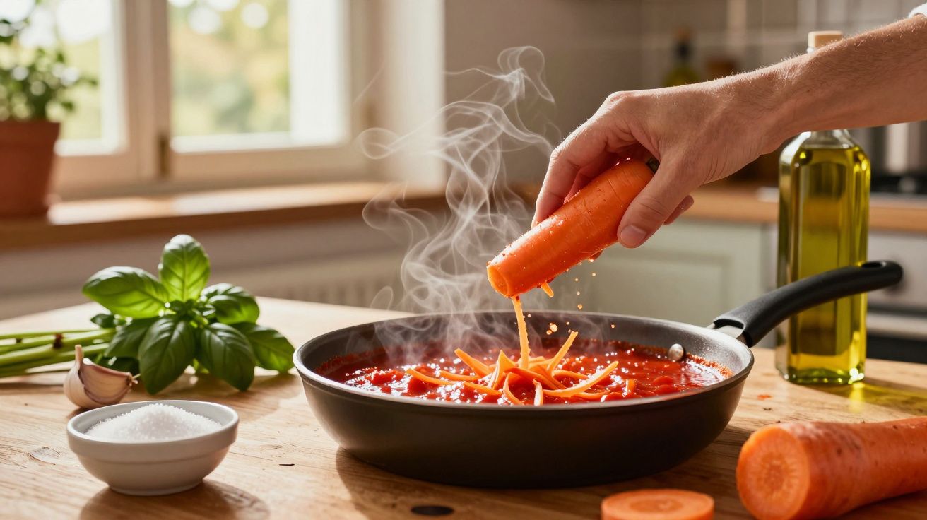 Mână adăugând morcovi într-o tigaie cu sos roșu, pe un blat de bucătărie cu busuioc, ulei și usturoi.