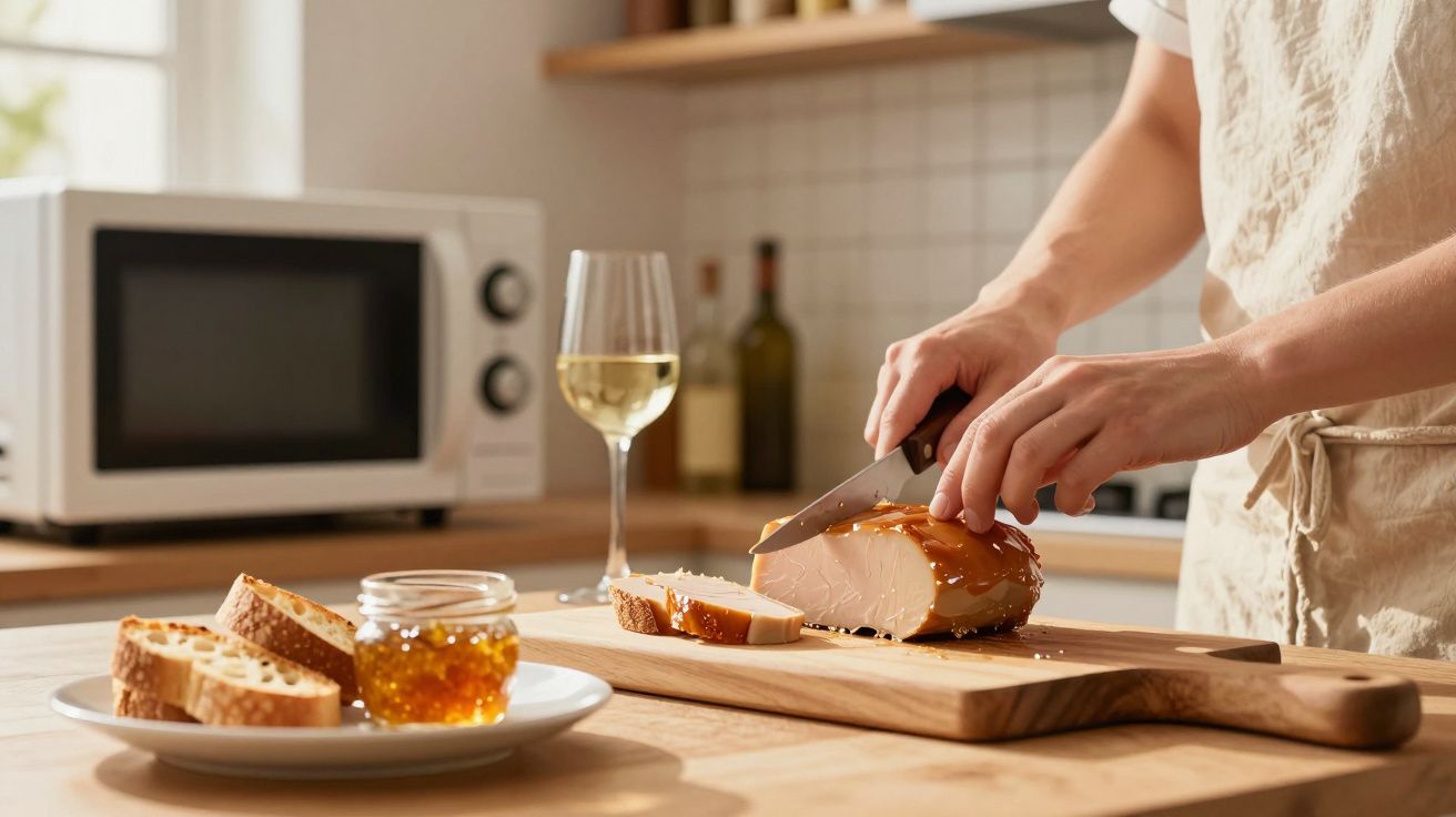 Persoană tăind carne pe un tocător din lemn, alături de pâine, miere și un pahar cu vin alb, într-o bucătărie modernă.