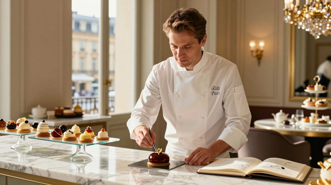 Bucătar patiser decorând un desert într-o bucătărie elegantă, cu prăjituri expuse pe tejghea.