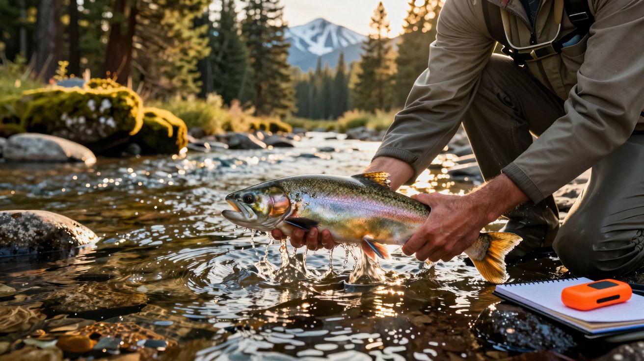 Pescar ținând un pește curcubeu în mâini deasupra unui râu montan, înconjurat de pădure.
