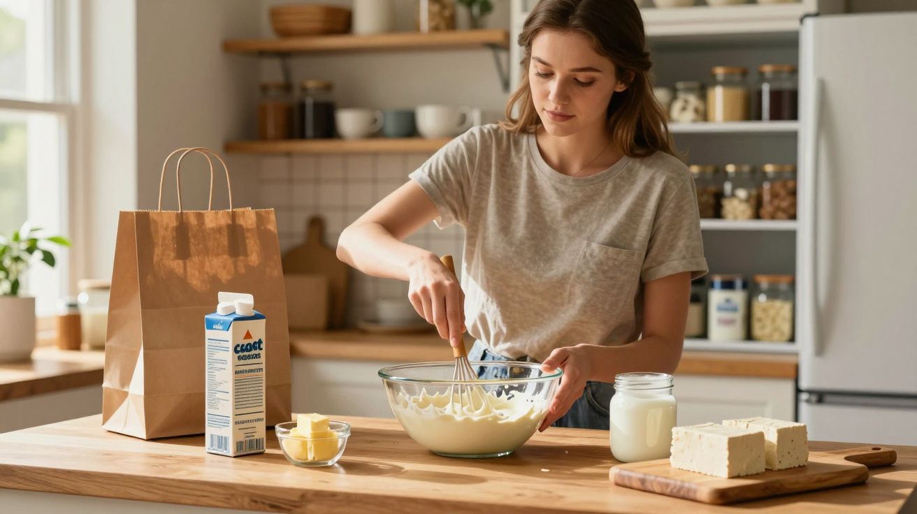 Femeie amestecând aluat într-un bol de sticlă într-o bucătărie luminoasă, cu ingrediente pe masa de lemn.