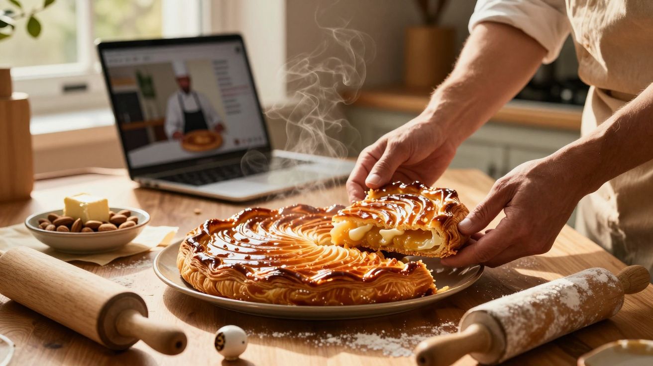 Mâini servind o tartă aburindă din aluat fraged pe o farfurie, lângă un laptop cu rețetă și ingrediente în fundal.