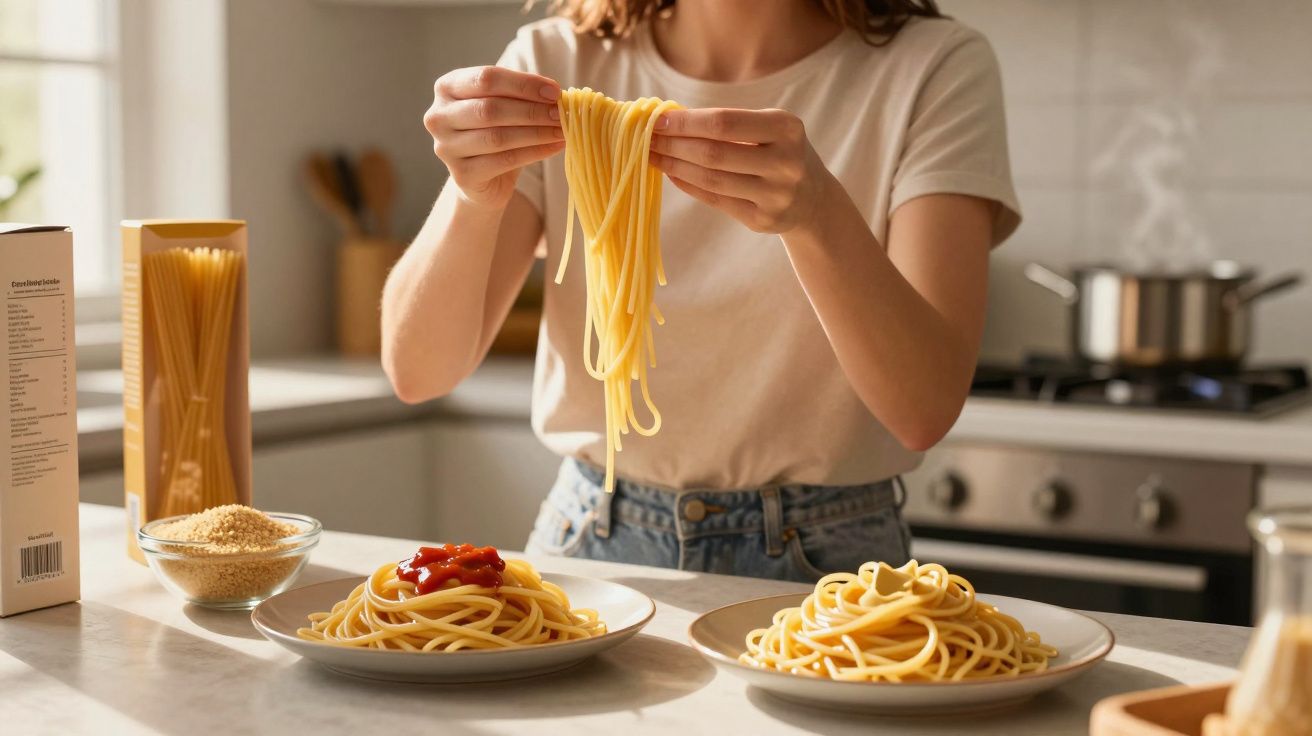 Femeie în bucătărie pregătește spaghete, cu farfurii cu paste și sos de roșii pe blatul de lucru.