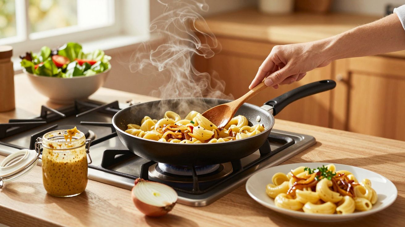 Mână amestecând paste în tigaie, cu abur. Lângă, un preparat similar pe farfurie, cu o ceapă și un borcan de muștar pe blat.