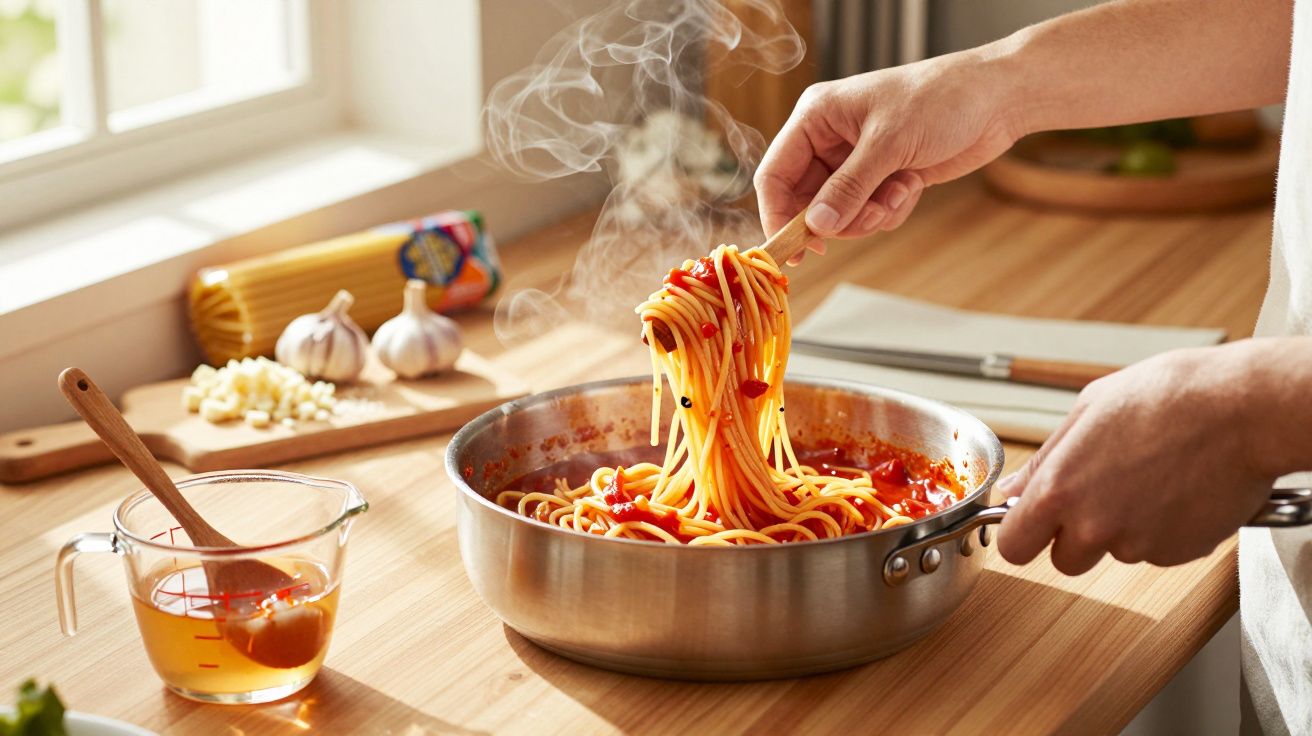 Persoană gătește spaghete cu sos de roșii într-o tigaie pe un blat de lemn, cu usturoi și paste în fundal.