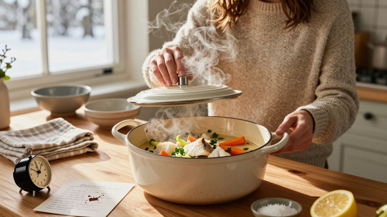 Persoana deschide un vas cu tocană aburindă, cu legume și carne, pe un blat de bucătărie din lemn.
