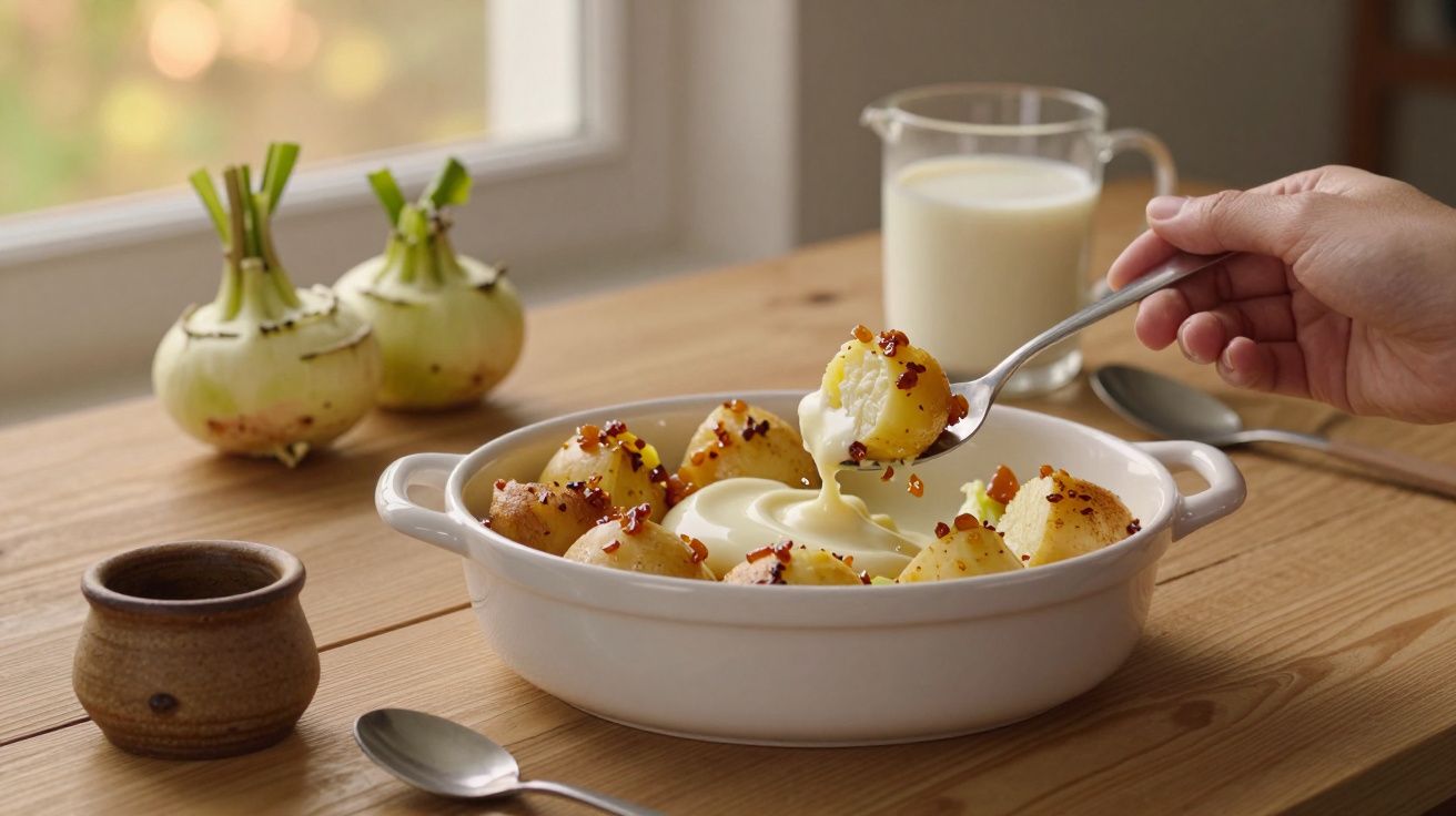 Cartofi fierți cu sos și condimente într-un castron alb pe masă de lemn, alături de o cană cu lapte.
