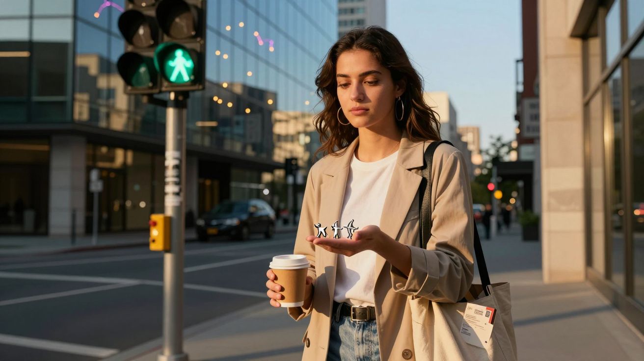 Tânără cu păr ondulat ținând o cafea și figuri stilizate de oameni în palmă, lângă semafor pietonal verde.