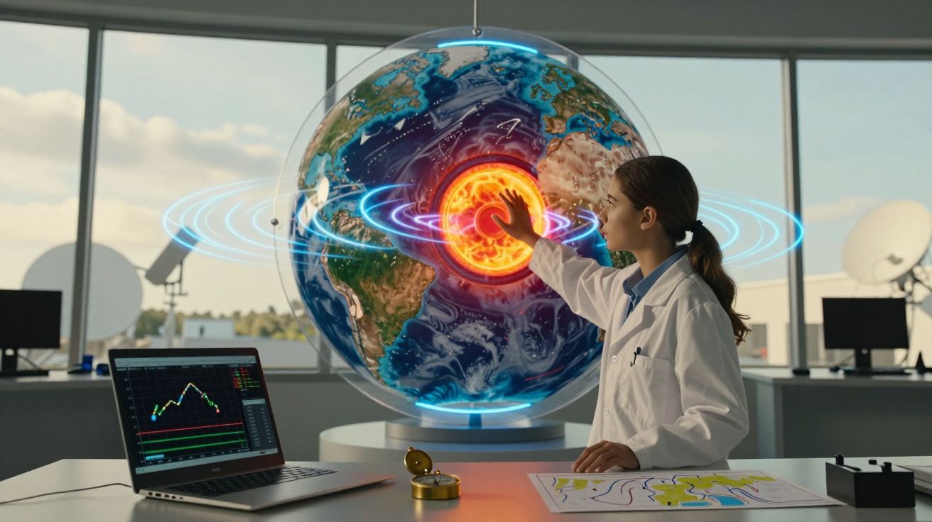 O femeie în halat de laborator interacționează cu un glob pământesc digital care arată interiorul miezului.
