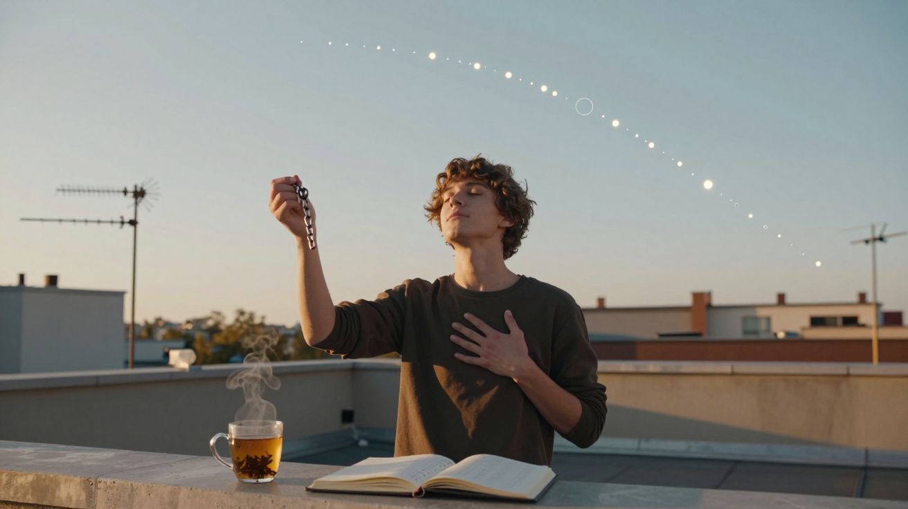 Tânăr cu ochii închiși ținând o linguriță pe acoperiș, ceai fierbinte și carte deschisă în față, soarele apunând.