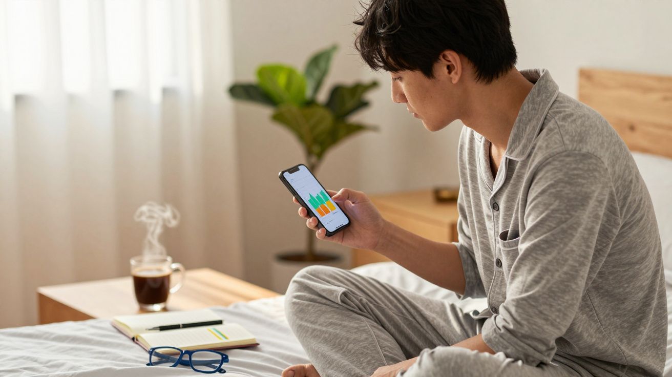 Bărbat tânăr în pijamale stă pe pat și analizează un grafic colorat pe telefonul mobil.