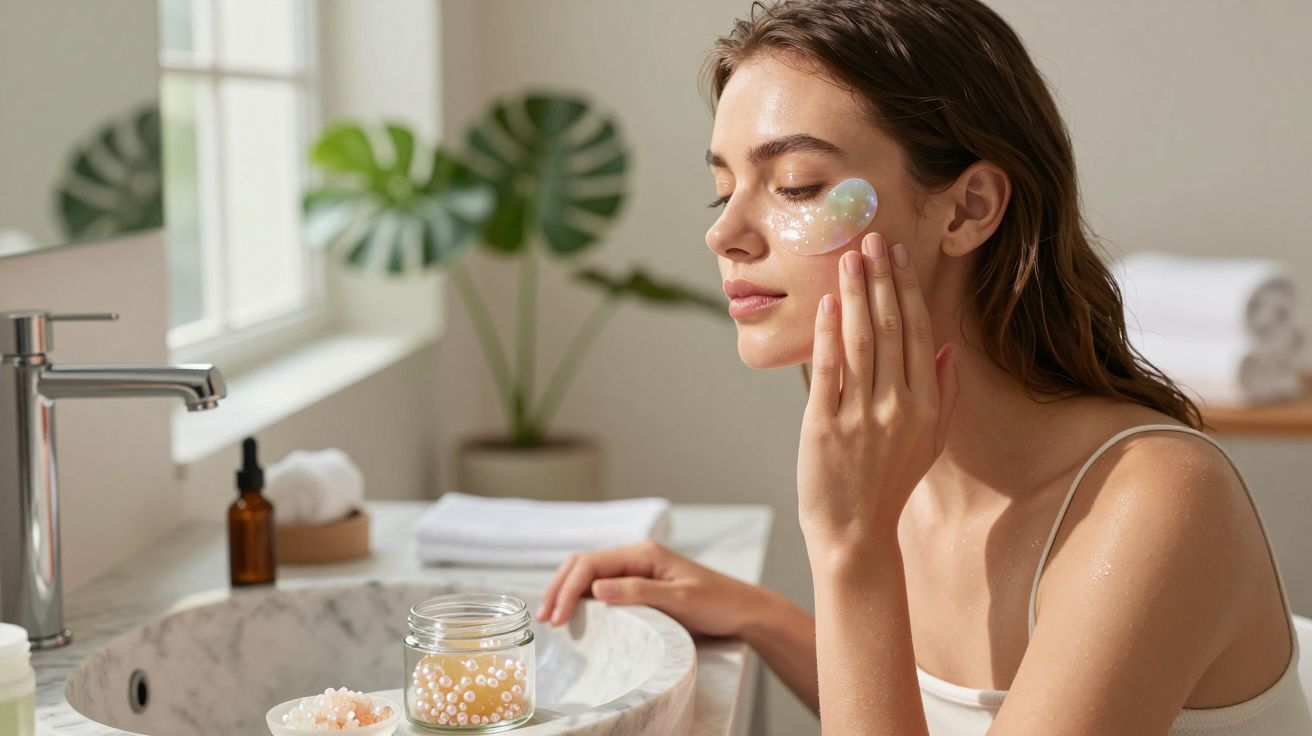 Femeie aplicând cremă hidratantă pe față într-o baie luminoasă, relaxându-se lângă chiuvetă cu produse de îngrijire.