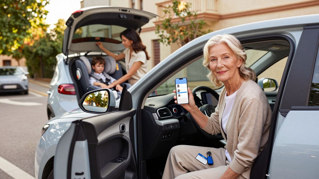 Femeie în vârstă arătând un telefon în timp ce o femeie și un copil sunt în spatele mașinii cu portbagajul deschis.