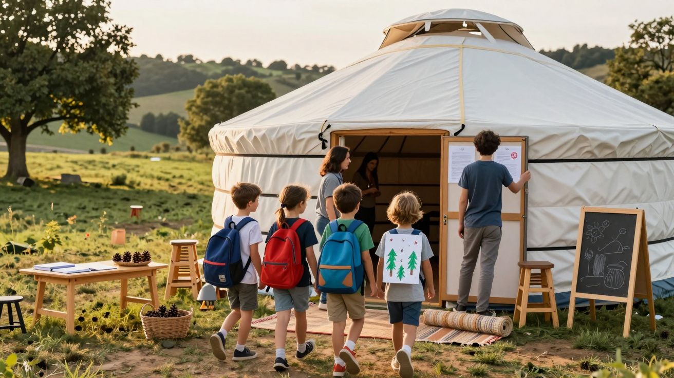 Grup de copii cu rucsacuri intrând într-o iurtă albă într-un peisaj rural în timpul unei activități educaționale.