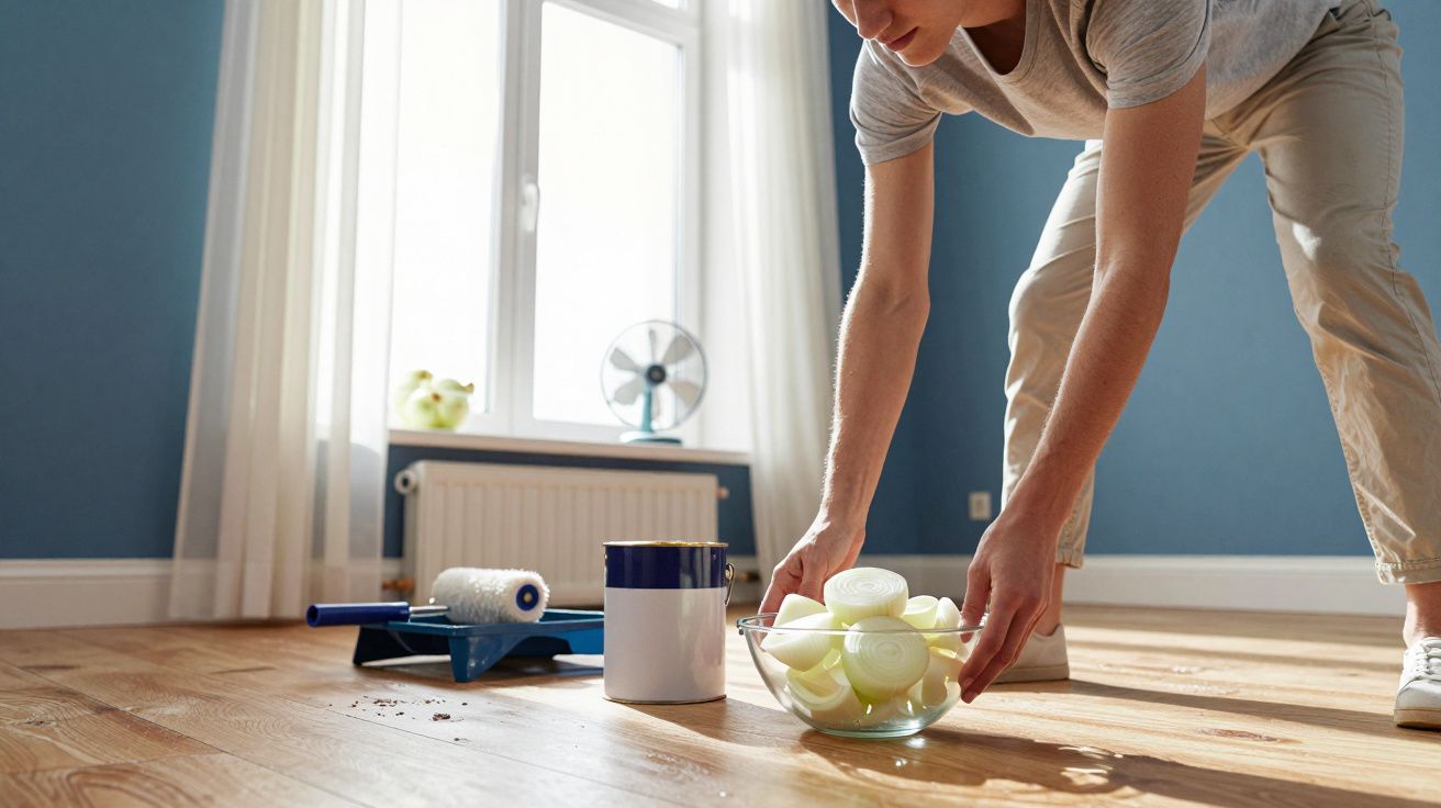 Persoană care pregătește ceapă într-un castron într-o cameră pentru vopsire, cu un trafalet și cutie de vopsea pe podea.