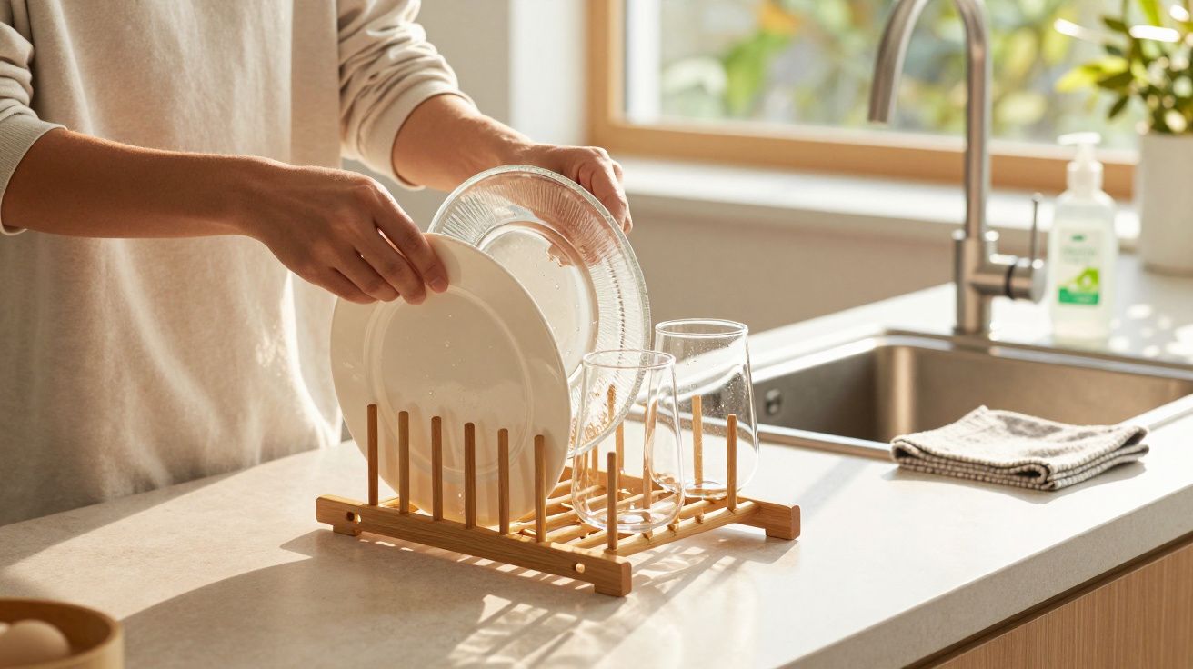 Persoană așezând farfurii uscate pe un suport de uscare lângă chiuvetă în bucătărie luminată natural.