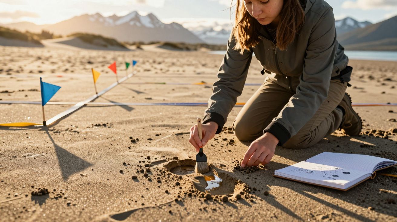 Tânără cercetătoare cu pensulă recoltează probe pe nisip într-un peisaj montan, cu caiet alături.