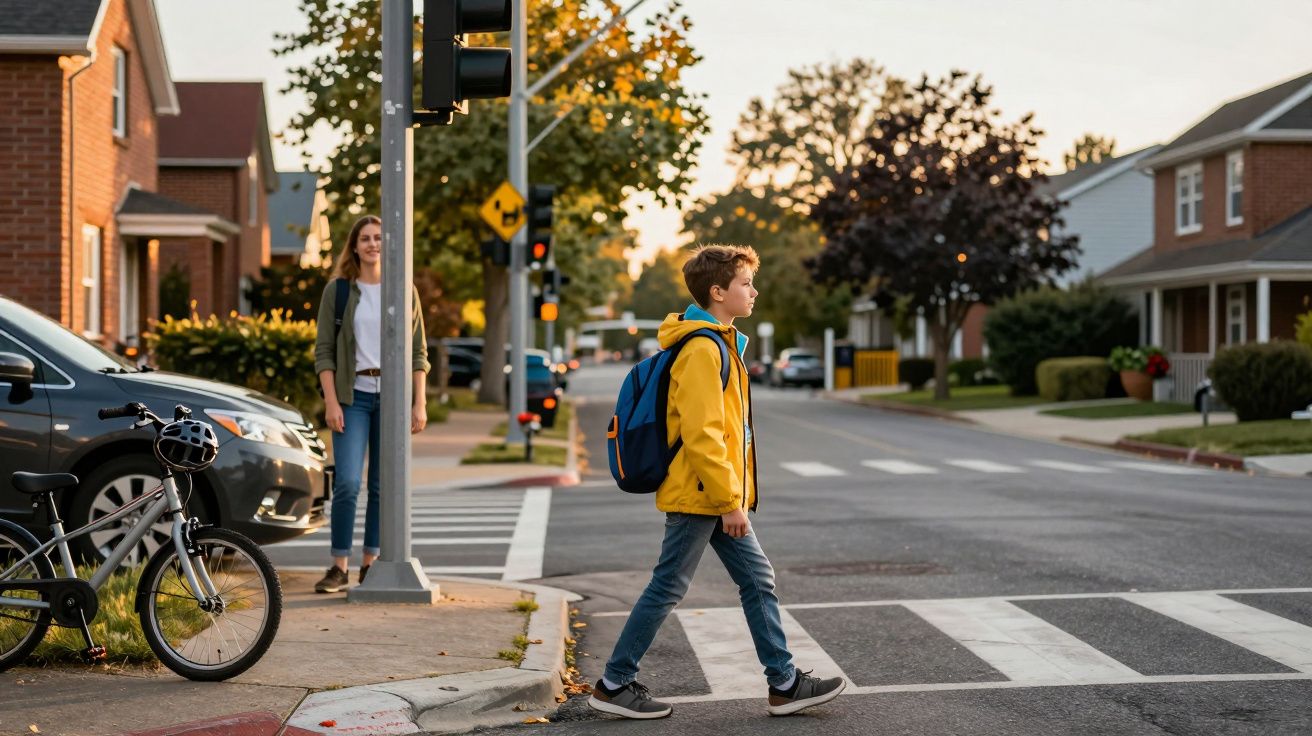 Băiat cu geantă albastră și jachetă galbenă traversează strada pe trecerea de pietoni la apus, femeie așteaptă pe trotuar.