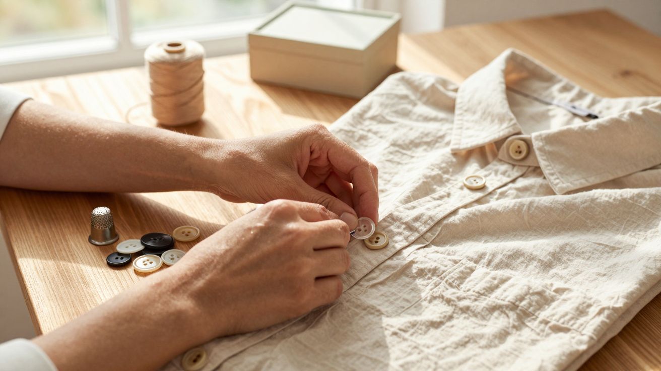 Mâini care coase nasturi pe o cămașă bej pe o masă din lemn lângă un bobinaj de ață și un ac de cusut.
