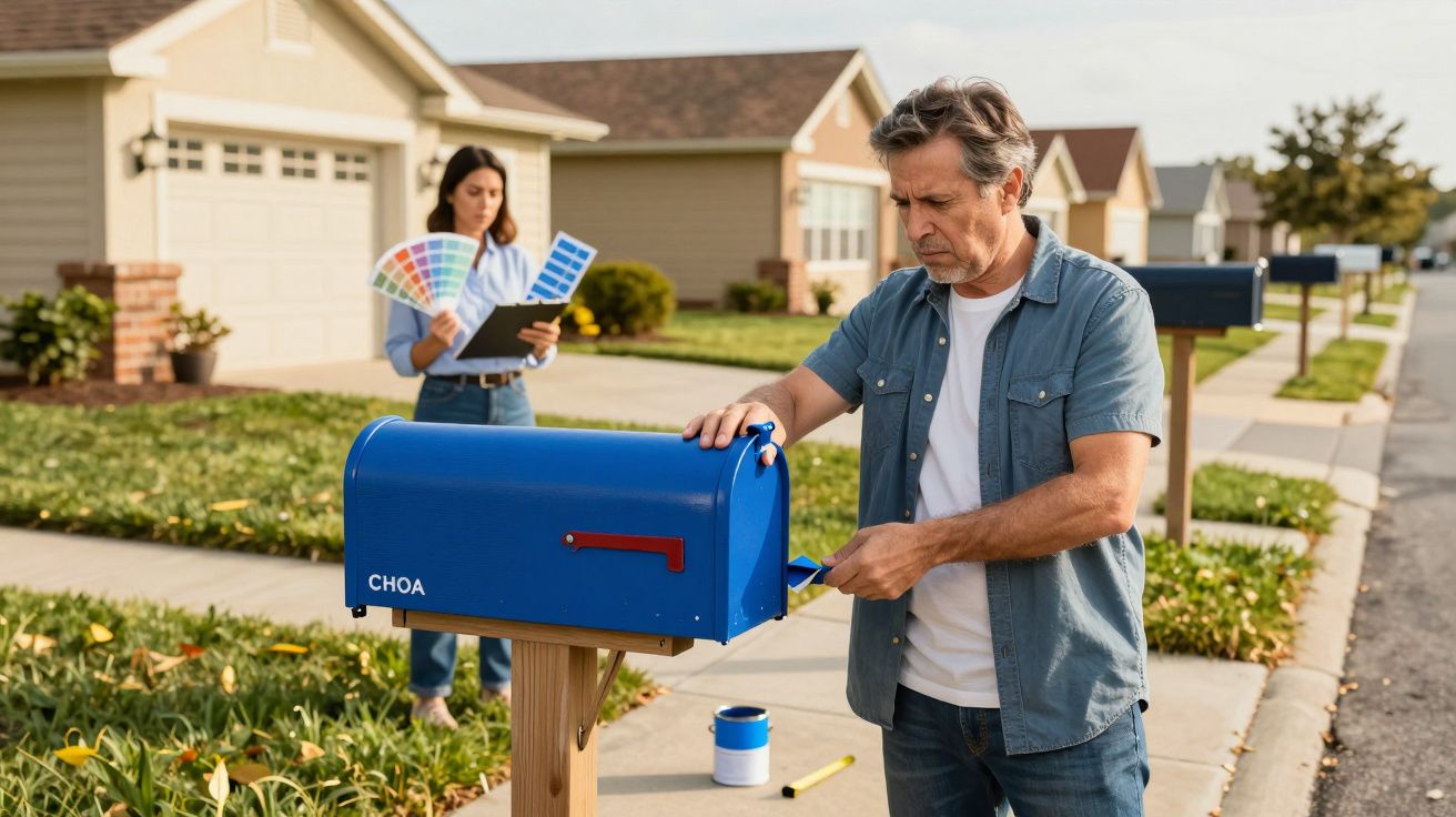 Bărbat deschizând o cutie poștală albastră nou vopsită în fața unei case, femeie alegând culori în fundal.