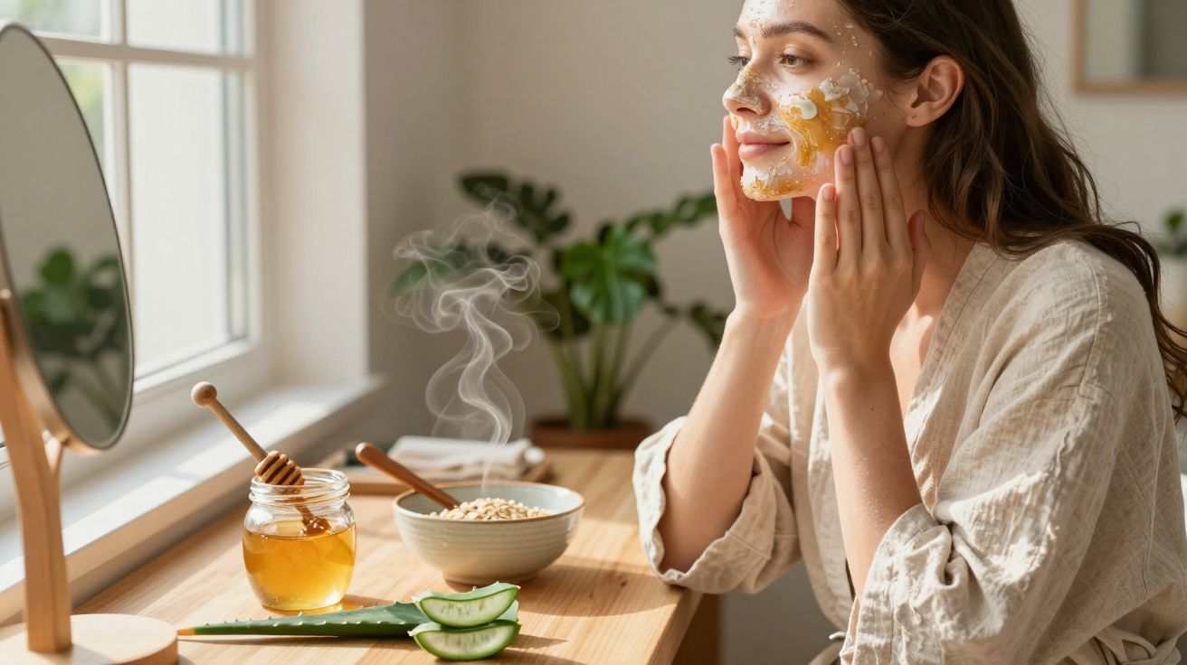 Femeie aplicând mască facială naturală cu miere și aloe, lângă fereastră, în cameră luminoasă.