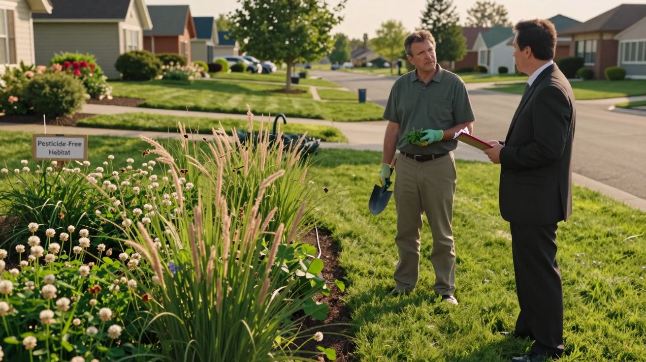 Doi bărbați discutând în fața unui habitat fără pesticide într-un cartier rezidențial.