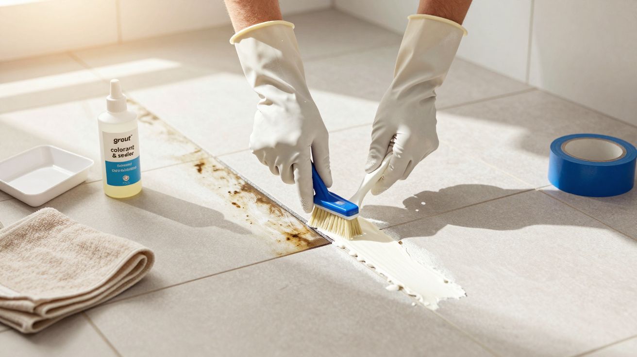 Persoană cu mănuși curăță mucegai de pe rosturi de gresie cu perie și soluție specială.