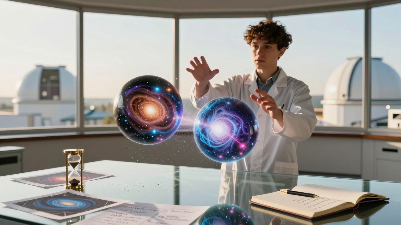 Tânăr cercetător în halat de laborator manipulează holograme cosmice într-un observator spațial modern.