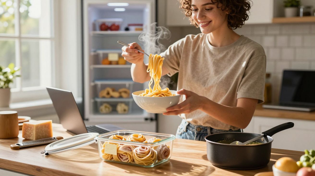 Femeie zâmbitoare care servește paste fierbinți într-un bol în bucătărie luminoasă și modernă.