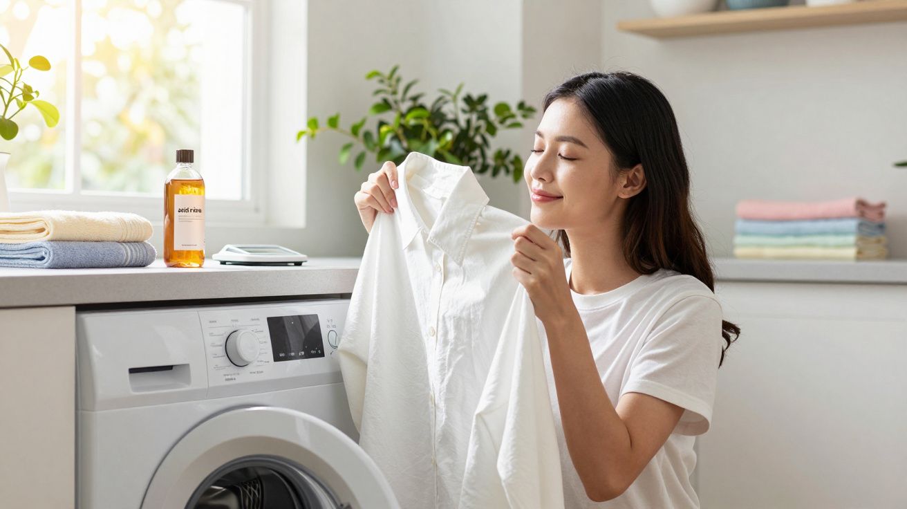 Femeie tânără ce miroase o cămașă albă proaspăt spălată lângă mașina de spălat în interiorul casei.