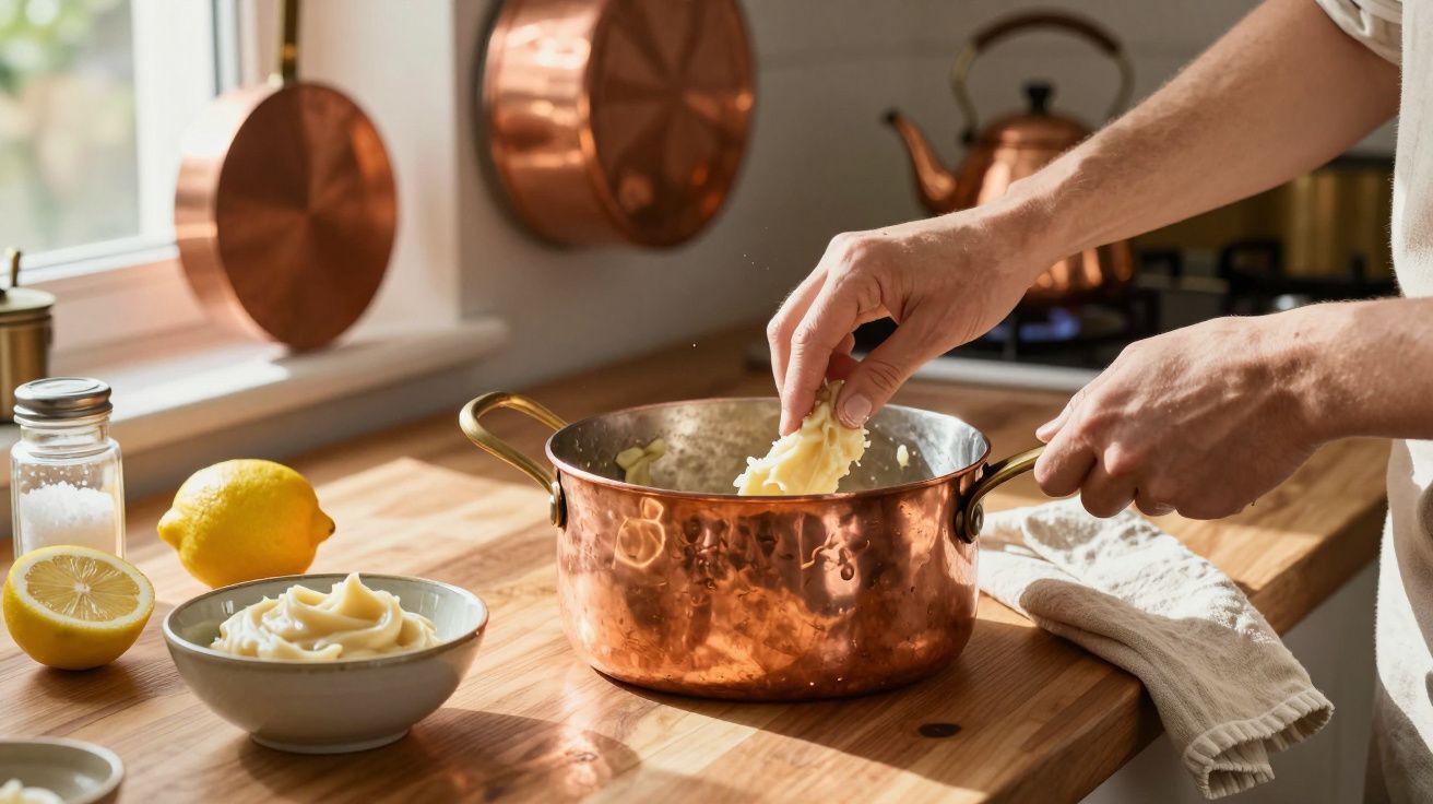 Persoană amestecând unt în oală cupru într-o bucătărie luminoasă cu lămâi pe masă.