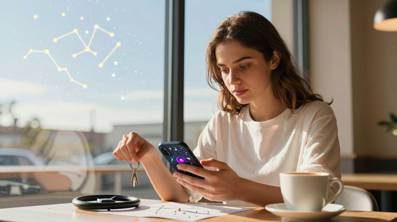 Tânără care privește telefonul mobil în timp ce ține cheile, cu ceașcă de cafea pe masă, într-o cafenea luminoasă.