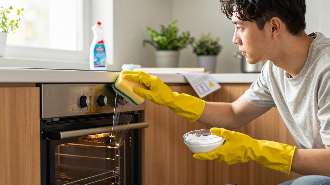Bărbat tânăr curățând cu buretele și mănuși galbene cuptorul în bucătărie modernă.