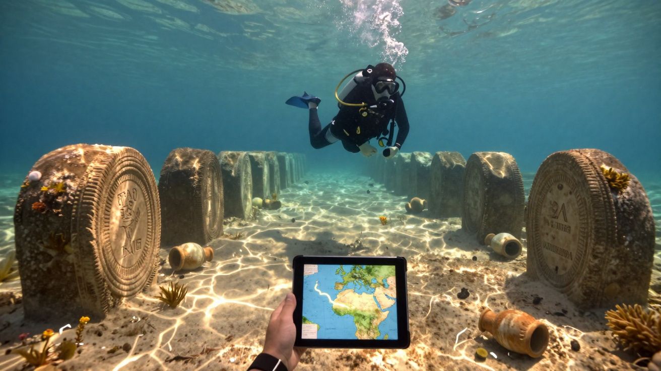 Scafandru explorând o zonă subacvatică cu obiecte antice și o tabletă cu hartă digitală în apă clară.