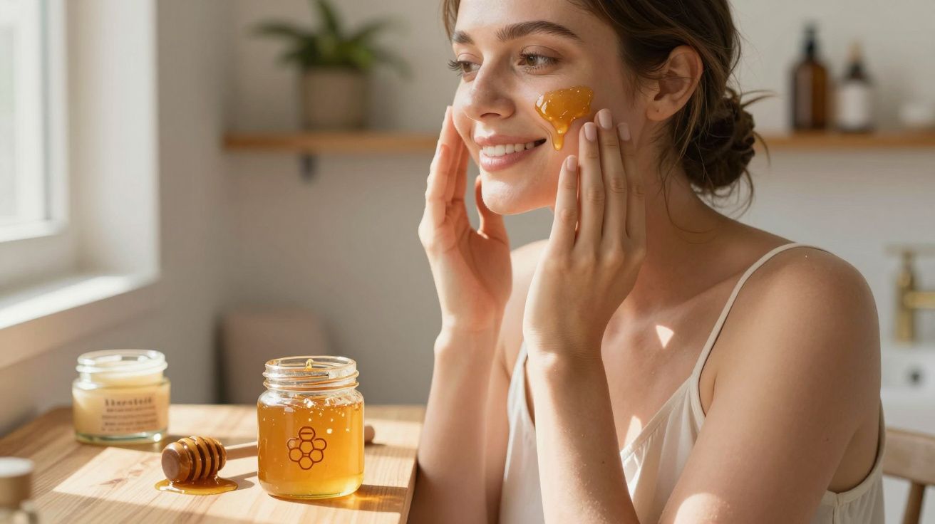 Femeie aplicând mască de față cu miere în baie luminată natural, zâmbind și relaxată.