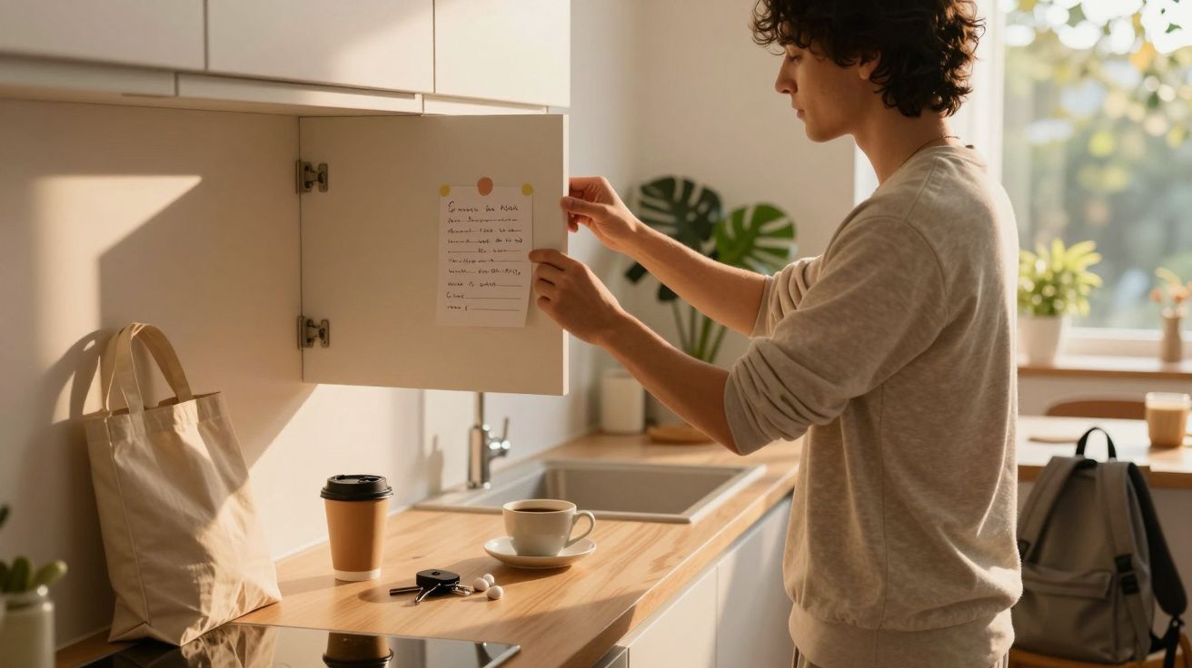 Bărbat tânăr în bucătărie montând o notă pe ușa unui dulap, lumină naturală caldă.