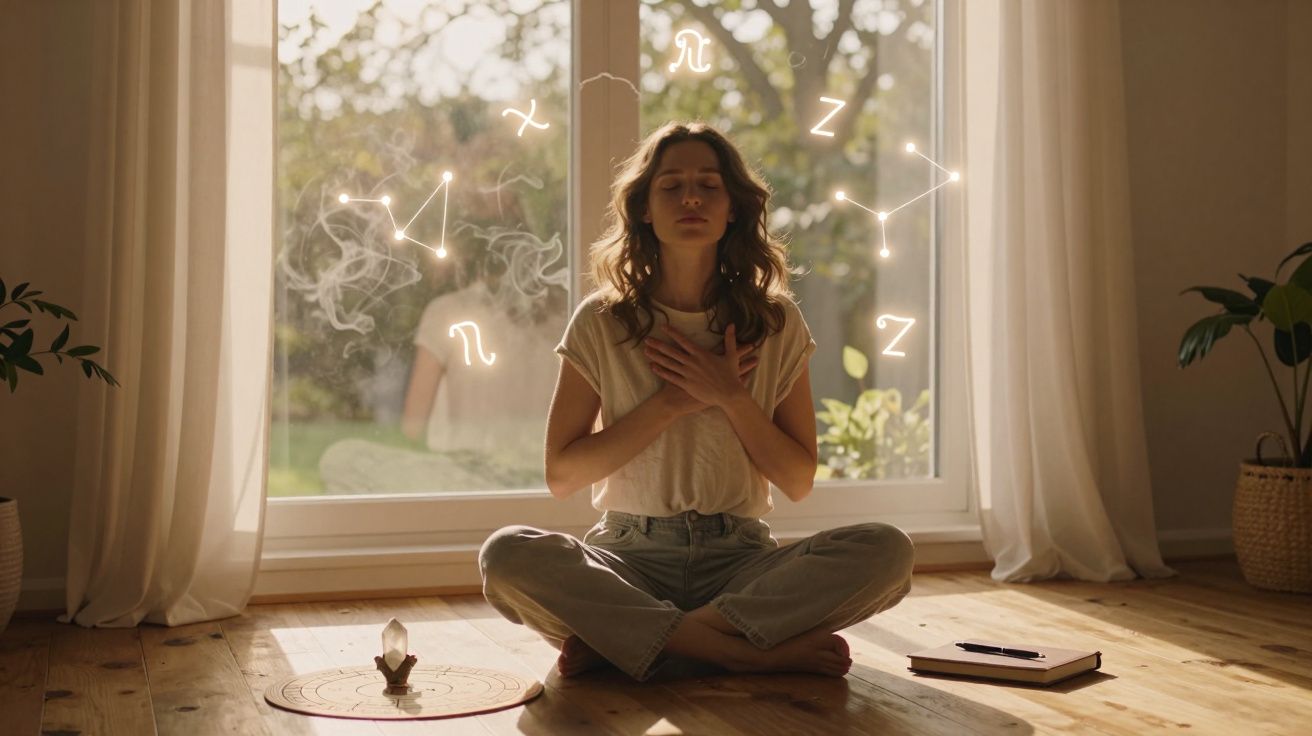 Femeie meditând în poziție lotus lângă fereastră, cu simboluri zodiacale luminoase în jur.