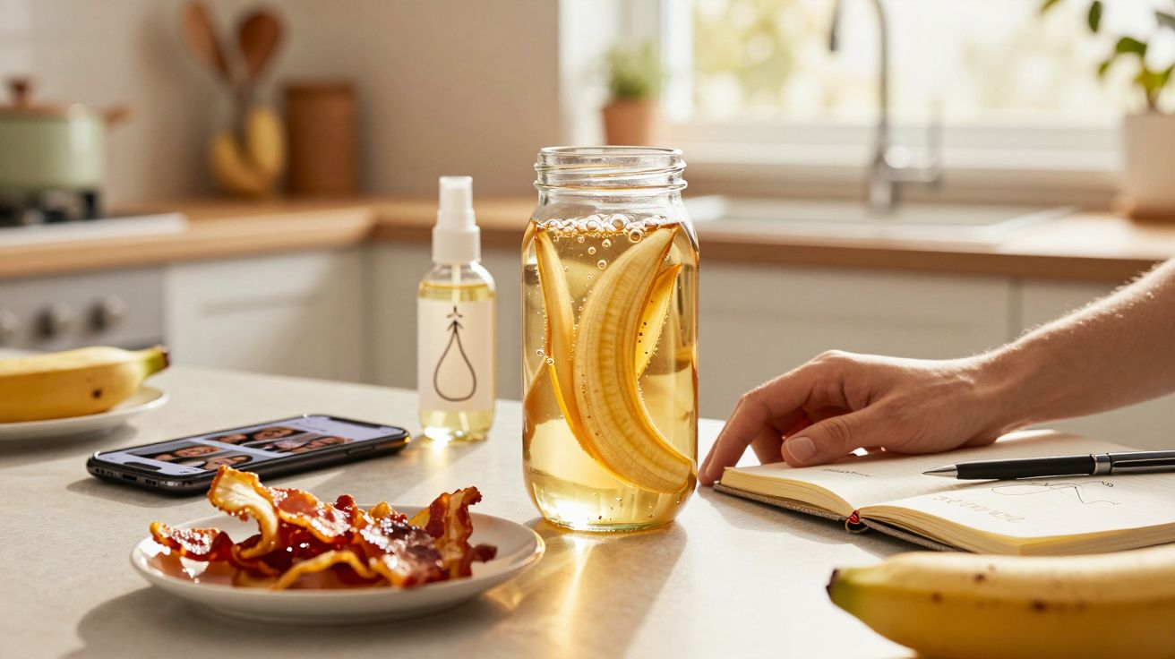 Pahar cu apă și banane feliate pe masă, farfurie cu bacon, telefon și mână scriind într-un caiet.