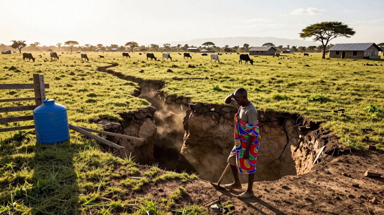 Bărbat Maasai în șal colorat privind o prăpastie mare pe câmp cu vite și colibe în fundal.