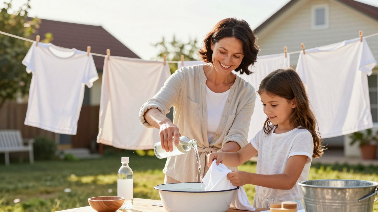 Femeie și fată spălând haine manual în aer liber, cu rufe albe atârnate pe sfoară în fundal.