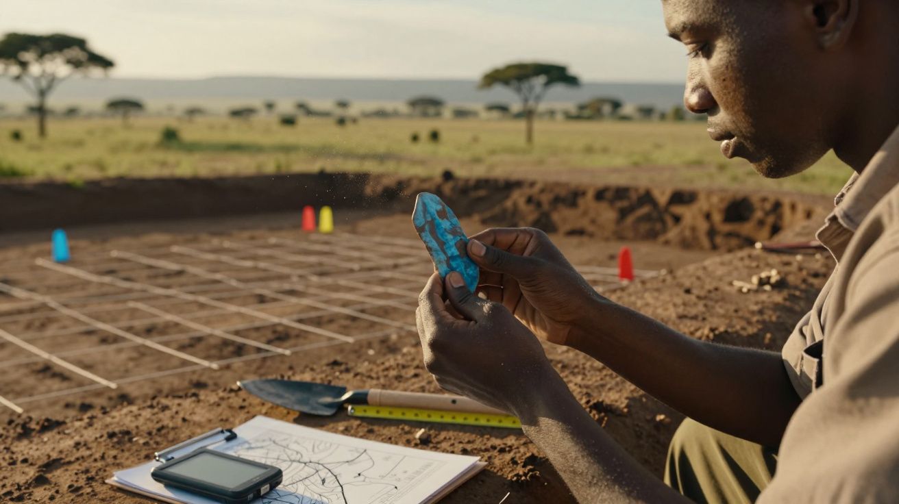 Arheolog examinează o unealtă de piatră colorată la situl săpăturilor arheologice în aer liber.