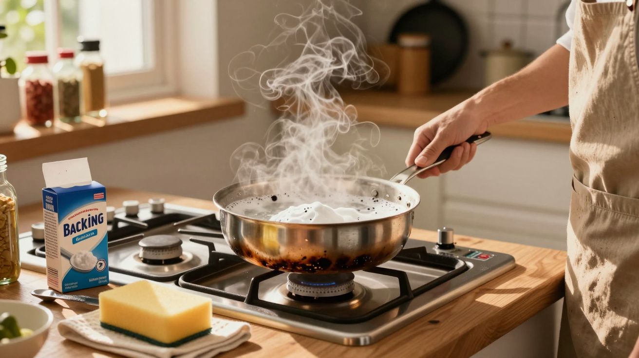 O mână ține o tigaie pe aragaz cu aburi ridicându-se în bucătărie luminoasă.