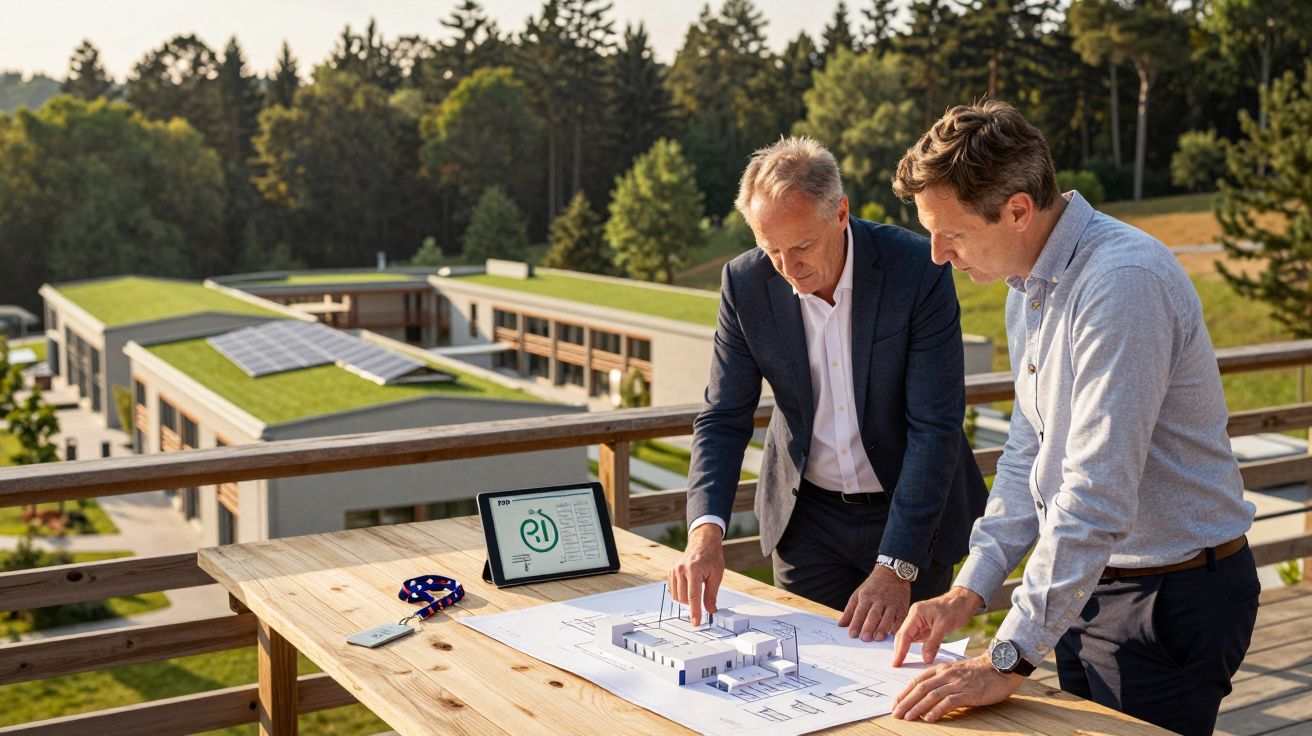 Doi bărbați discută un plan arhitectural pe o masă în aer liber, cu clădiri și panouri solare în fundal.