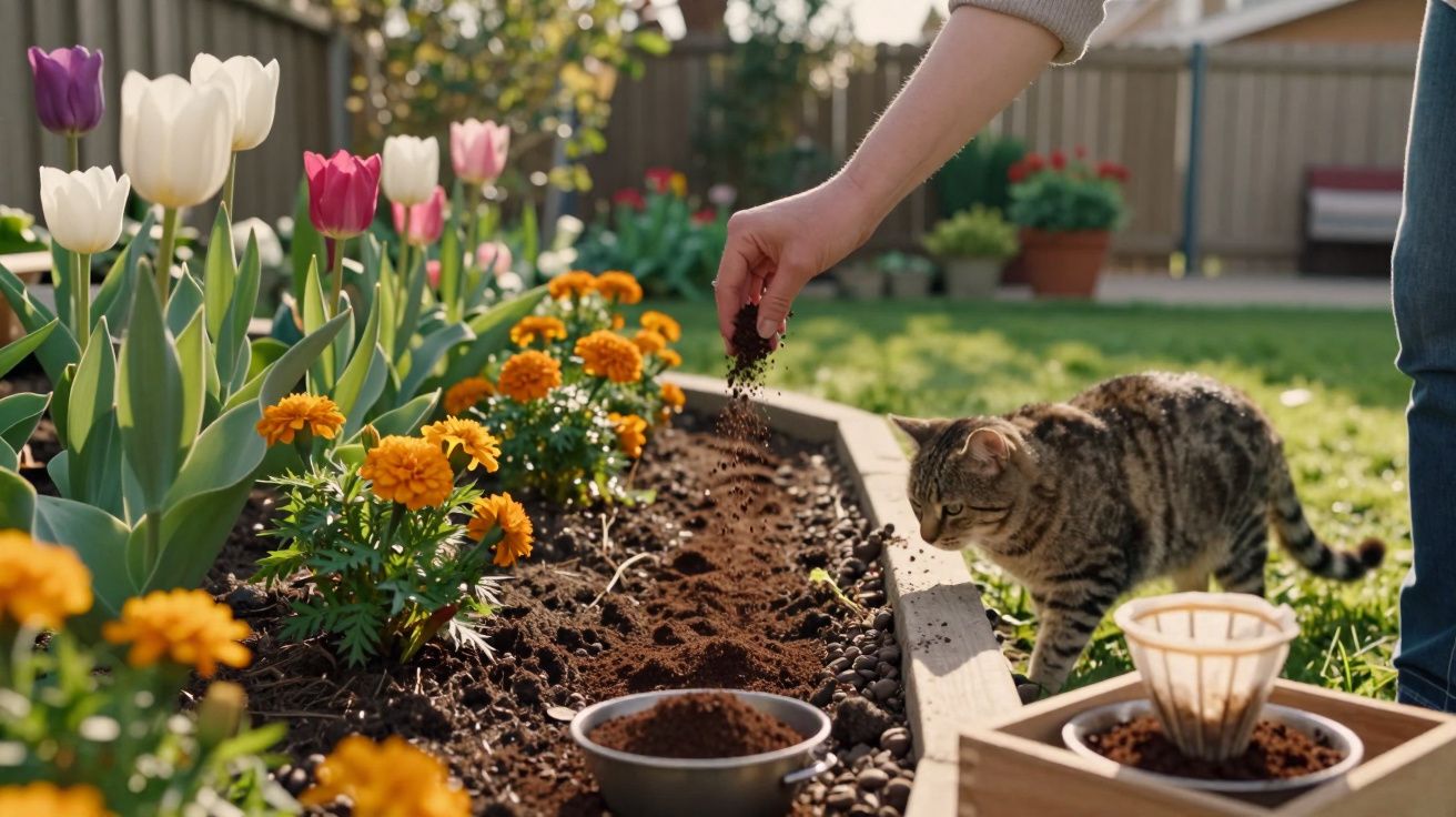 Mână presărând sol în grădină cu flori colorate, iar o pisică observă curioasă.