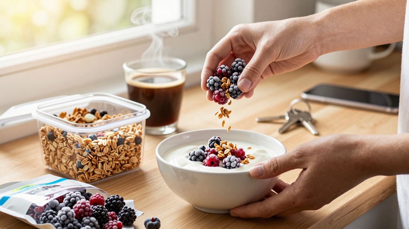 Mâini adăugând fructe de pădure și semințe într-un bol cu iaurt pe o masă lângă o ceașcă cu cafea.