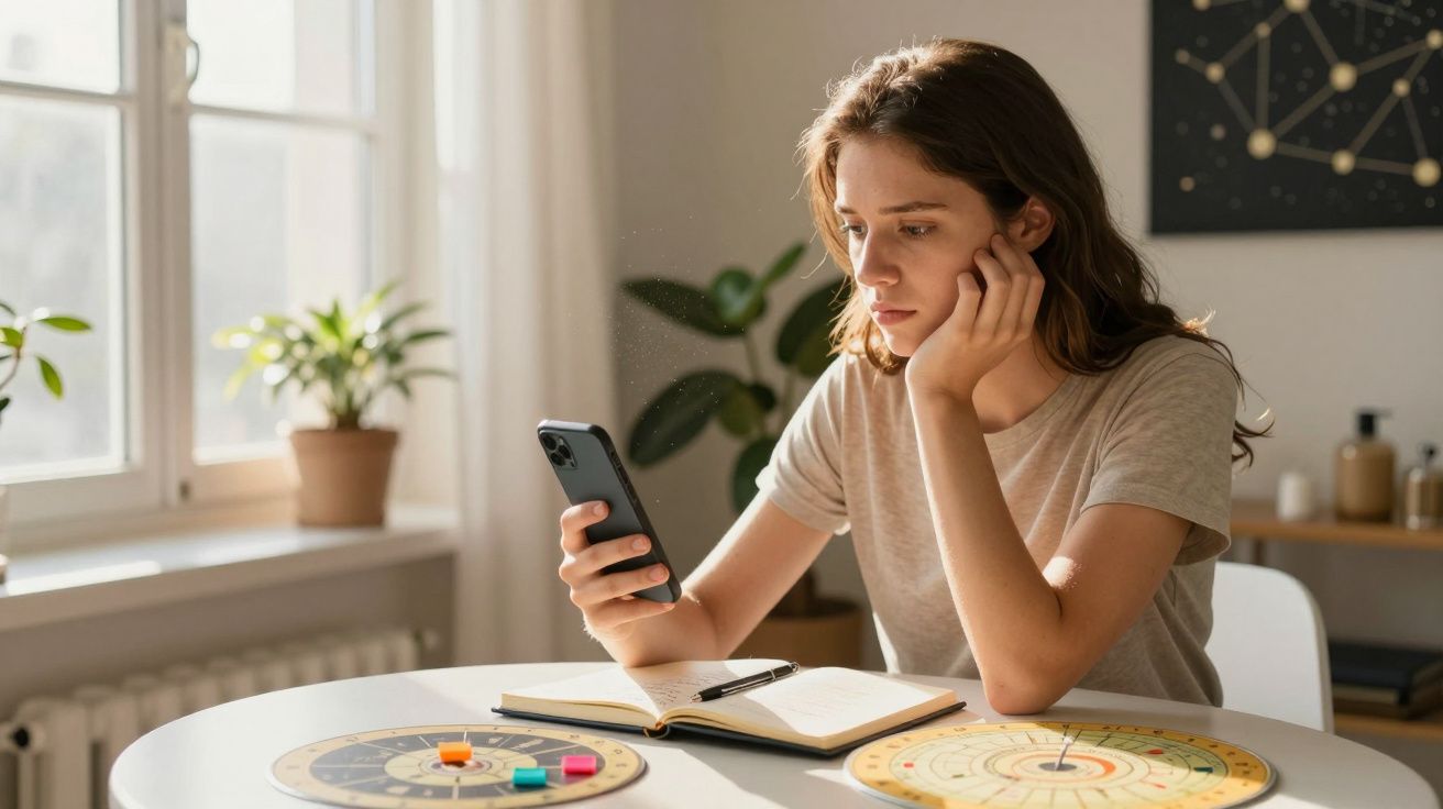 Tânără concentrată la masă, verificând telefonul, cu caiet și jocuri strategice în față, într-o cameră luminoasă.