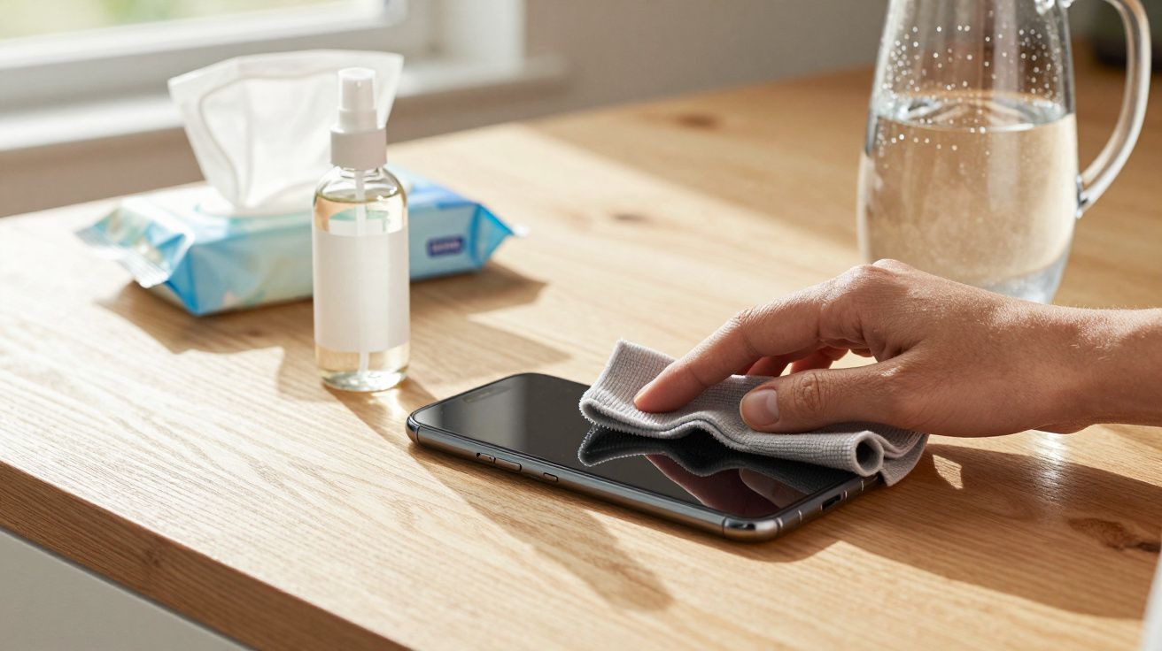 Mână care șterge un telefon mobil cu o cârpă gri pe o masă din lemn, cu dezinfectant și șervețele umede lângă.