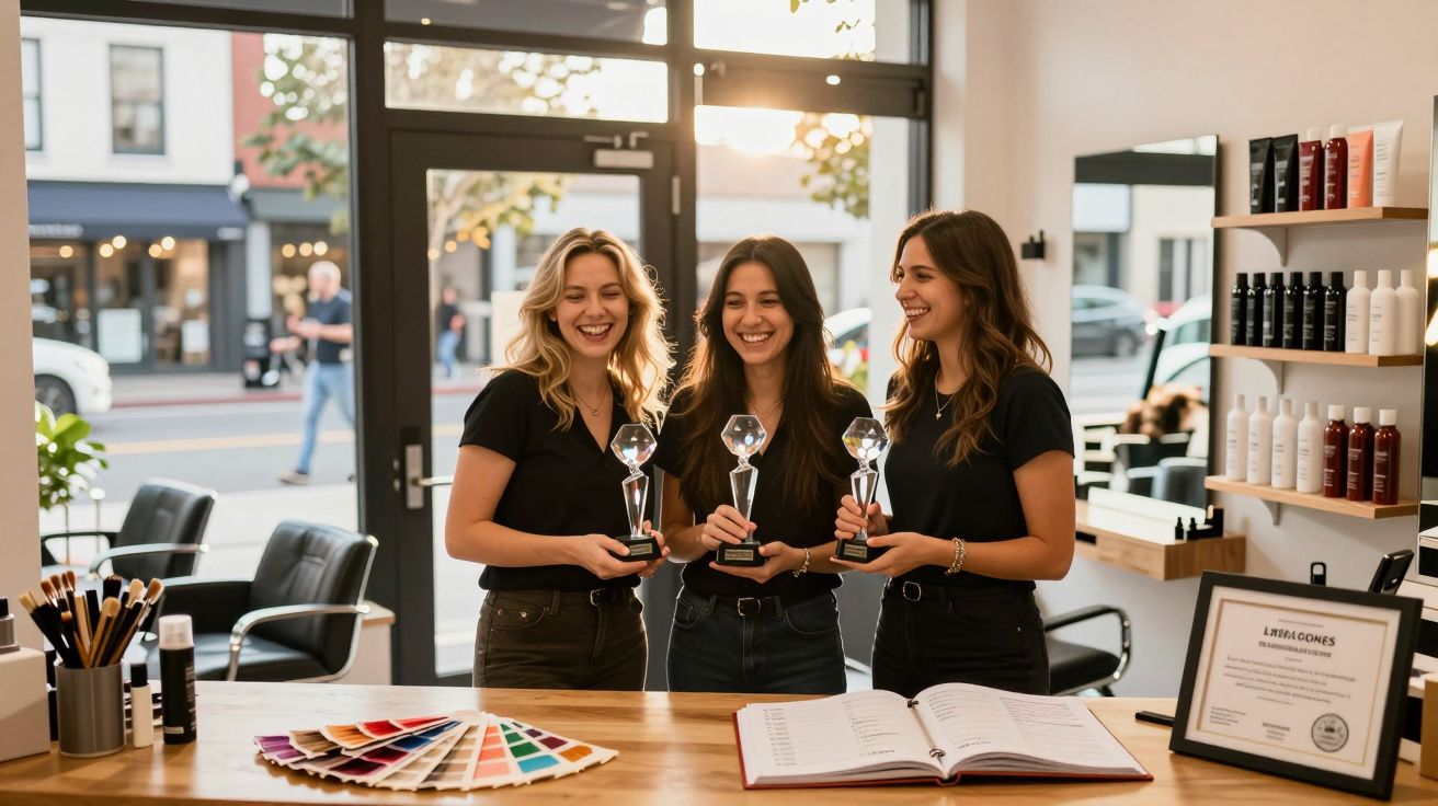 Trei femei zâmbitoare țin trofee într-un salon de înfrumusețare, în fața unei mese cu mostre de culoare.